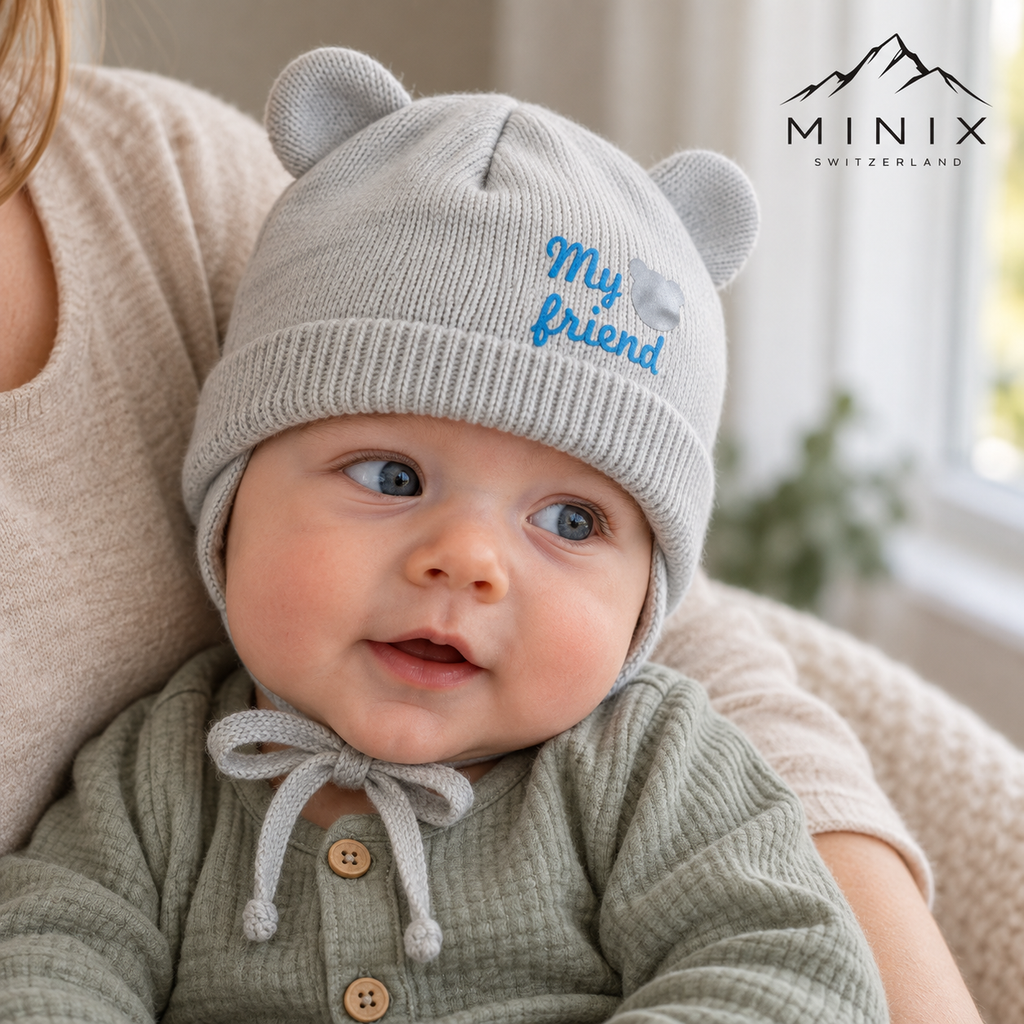 Baby in a parent's arms wearing the grey MINIX knitted bear ears cap