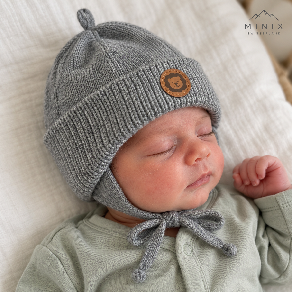 Newborn baby wearing the grey MINIX knitted cap with lion patch