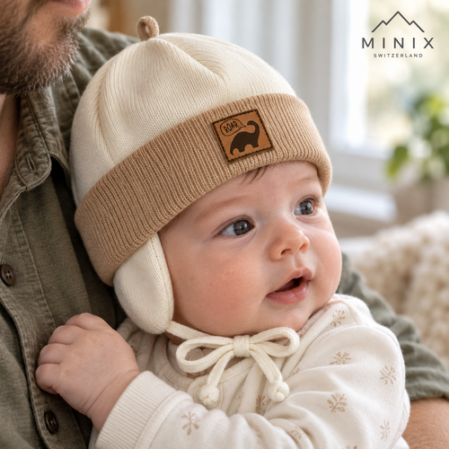 Baby in his father's arms wearing the cream and beige MINIX knitted dino cap