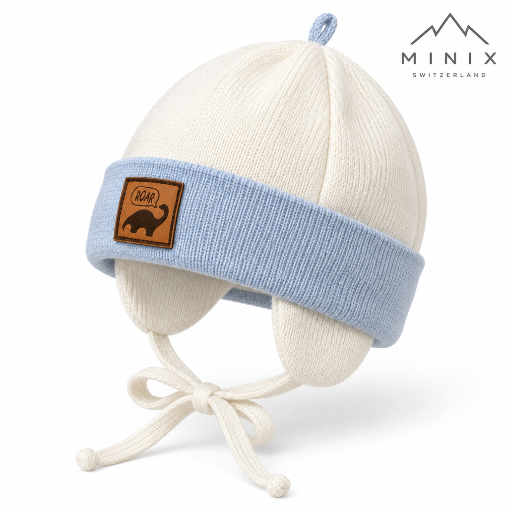 Cream and light blue knitted baby cap with dino patch and ear flaps – angled view
