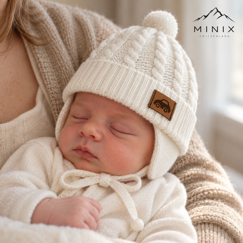 Newborn baby in his mother's arms wearing the cream MINIX cable-knit pompom cap