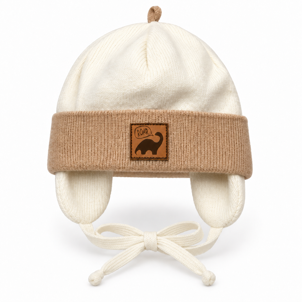 Cream knitted baby boy cap with beige cuff, ROAR dino patch, ear flaps and tie strings – front view
