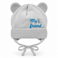 Grey knitted baby cap with bear ears, blue "My friend" lettering and ribbed cuff – front view