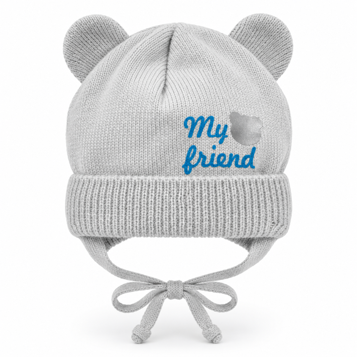 Grey knitted baby cap with bear ears, blue "My friend" lettering and ribbed cuff – front view