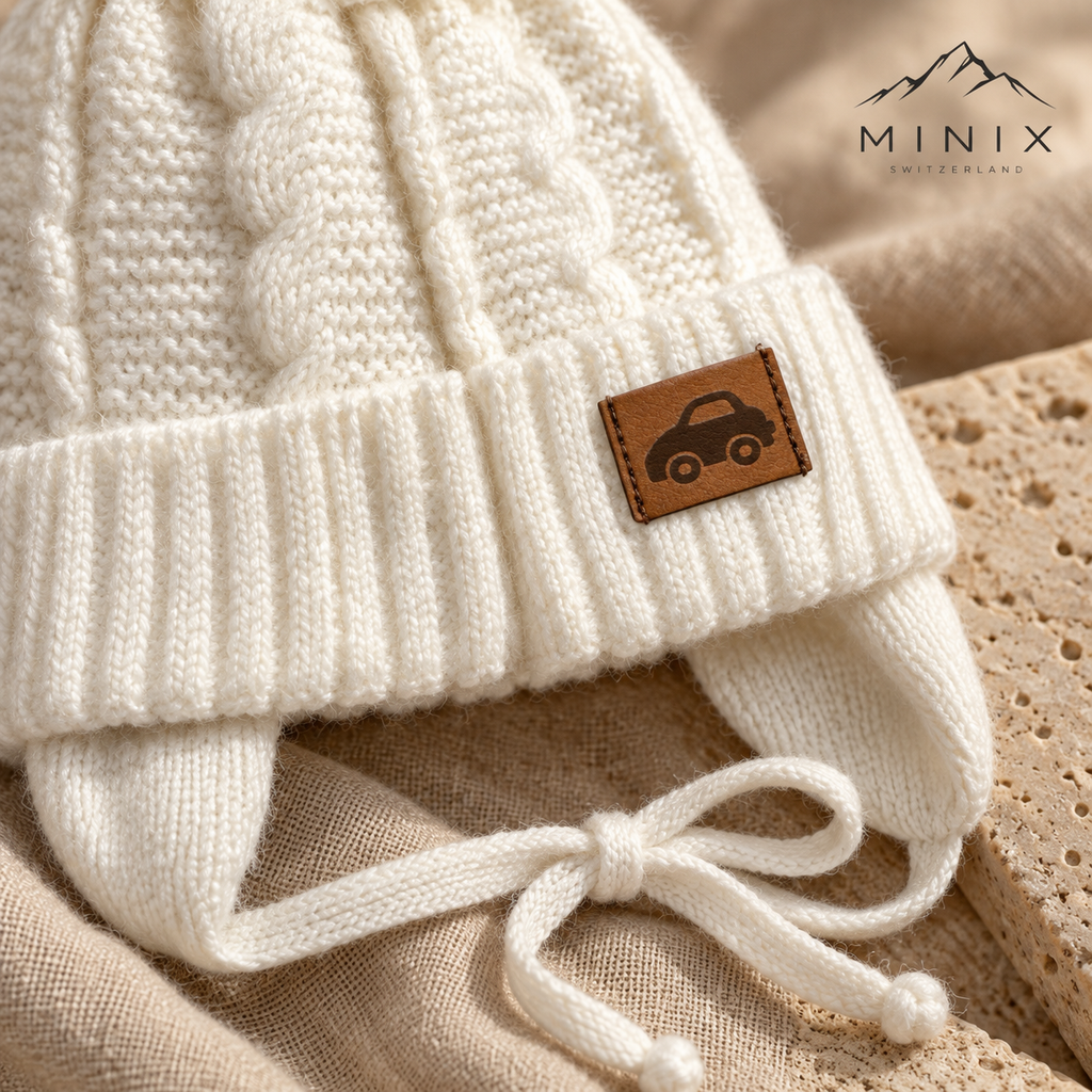 Close-up of the car leather-look patch on the cream ribbed knit cuff