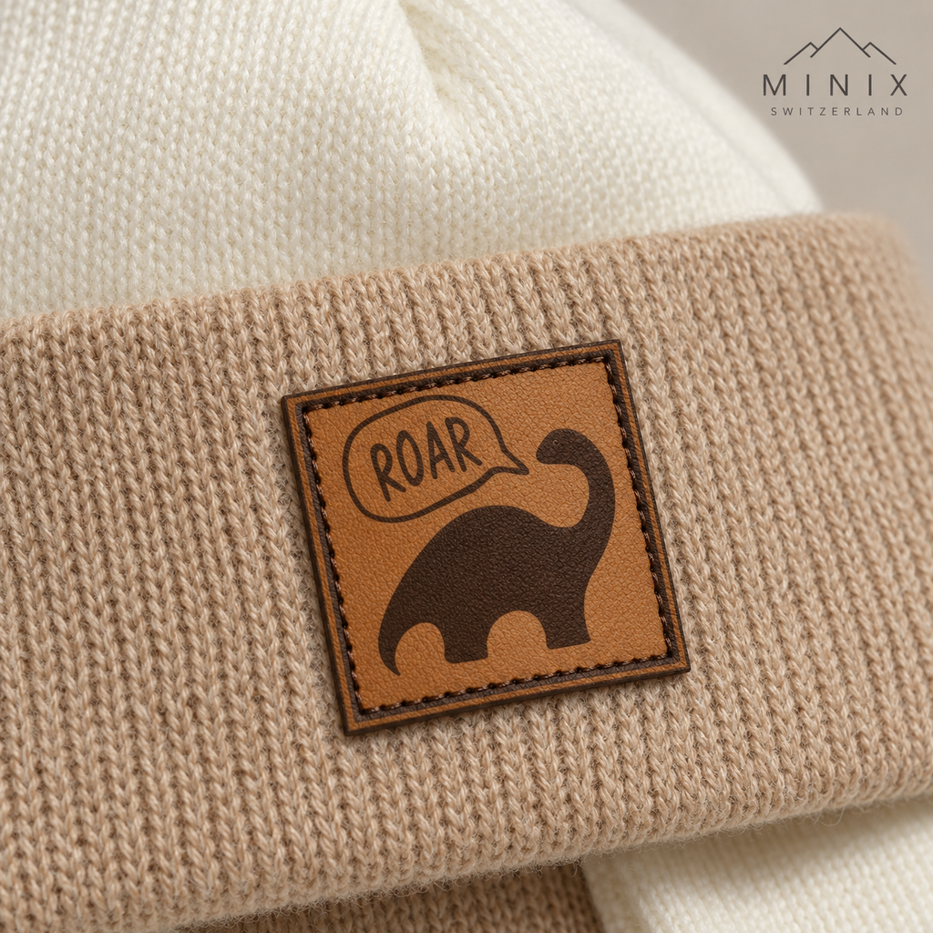 Cream and beige knitted baby cap with dino patch and ear flaps – angled view