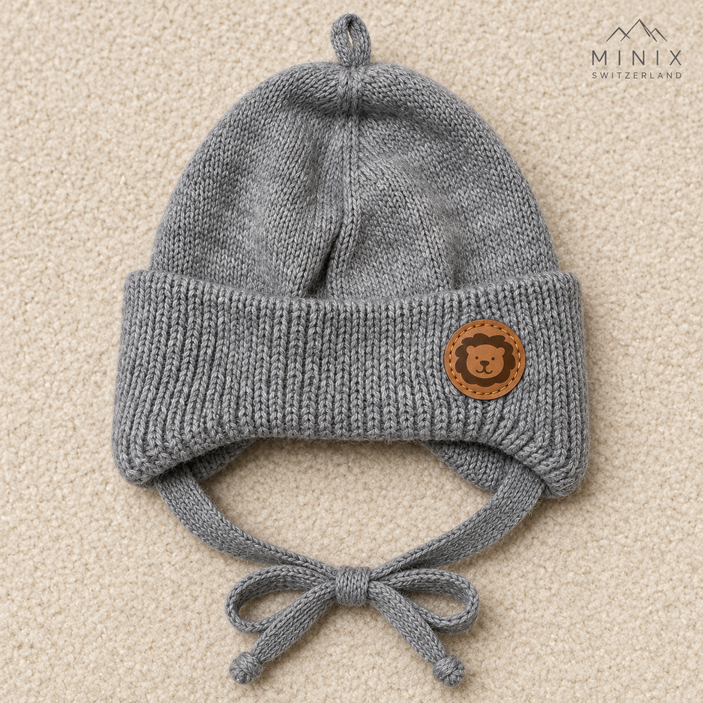 Close-up of the lion leather-look patch on the grey ribbed knit cuff