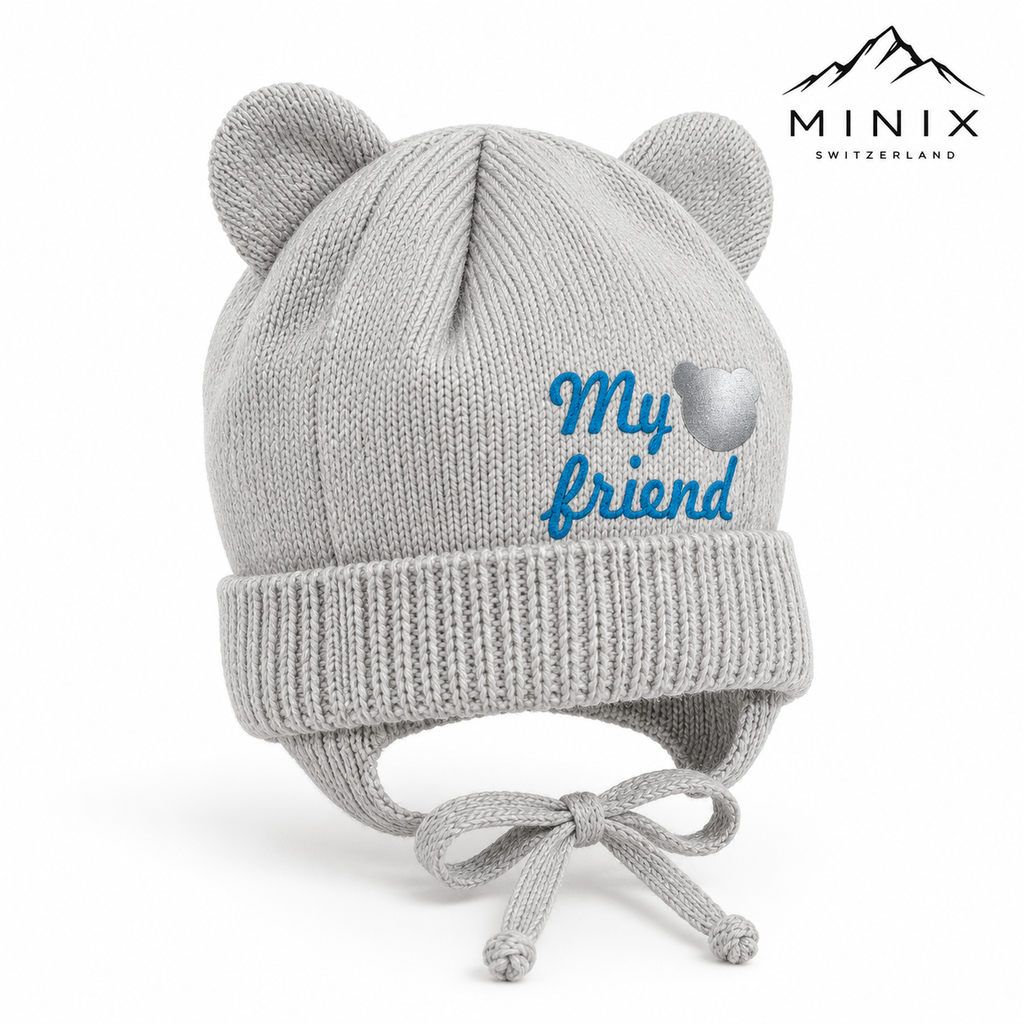 Grey knitted baby cap with bear ears, ear flaps and tie strings – angled view