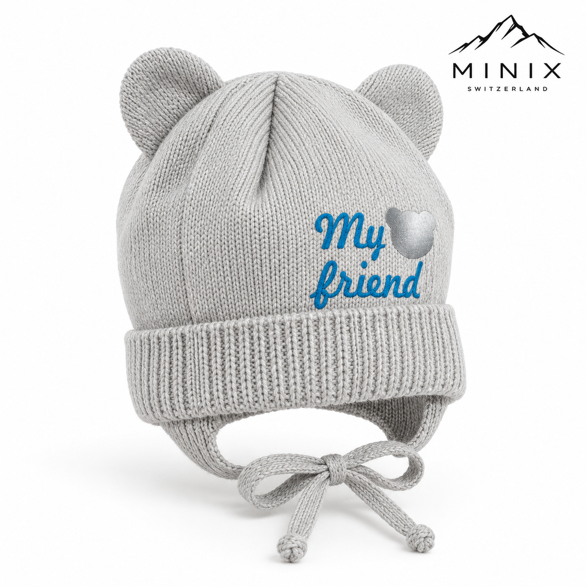 Grey knitted baby cap with bear ears, ear flaps and tie strings – angled view