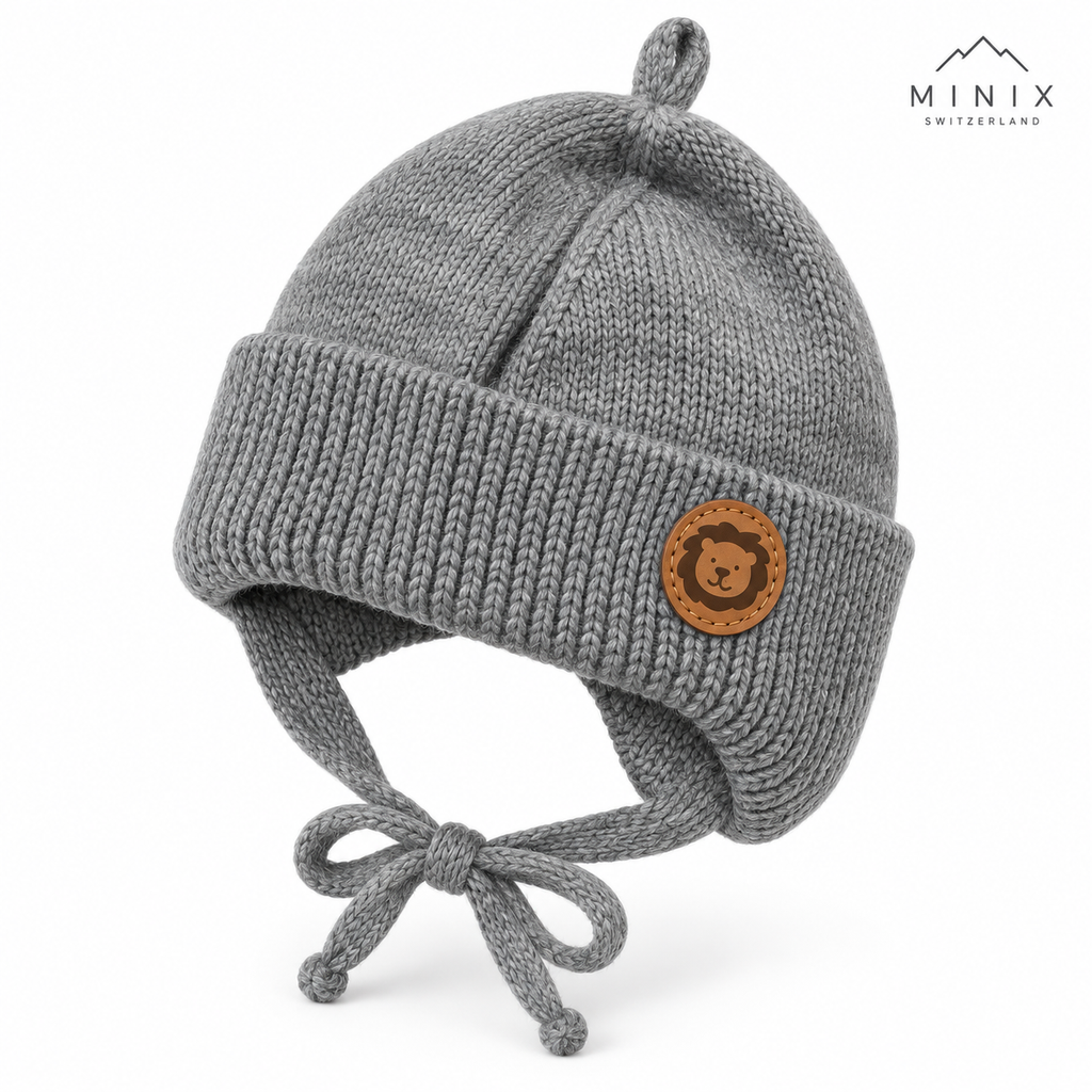 Grey knitted baby cap with lion patch and loop on top – angled view