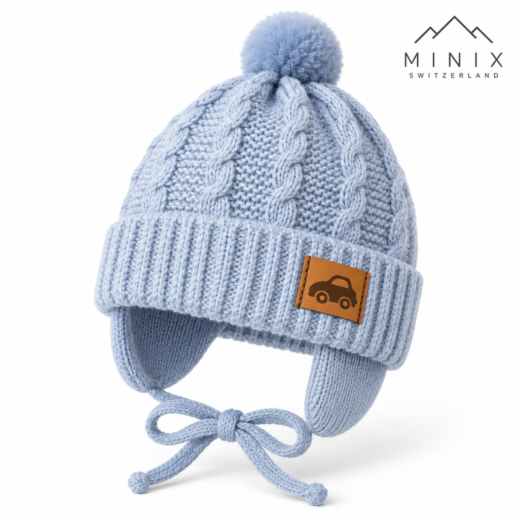 Light blue cable-knit baby cap with pompom, car patch and ear flaps – angled view