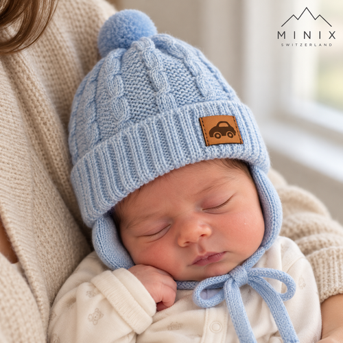 Newborn baby in his mother's arms wearing the light blue MINIX cable-knit pompom cap