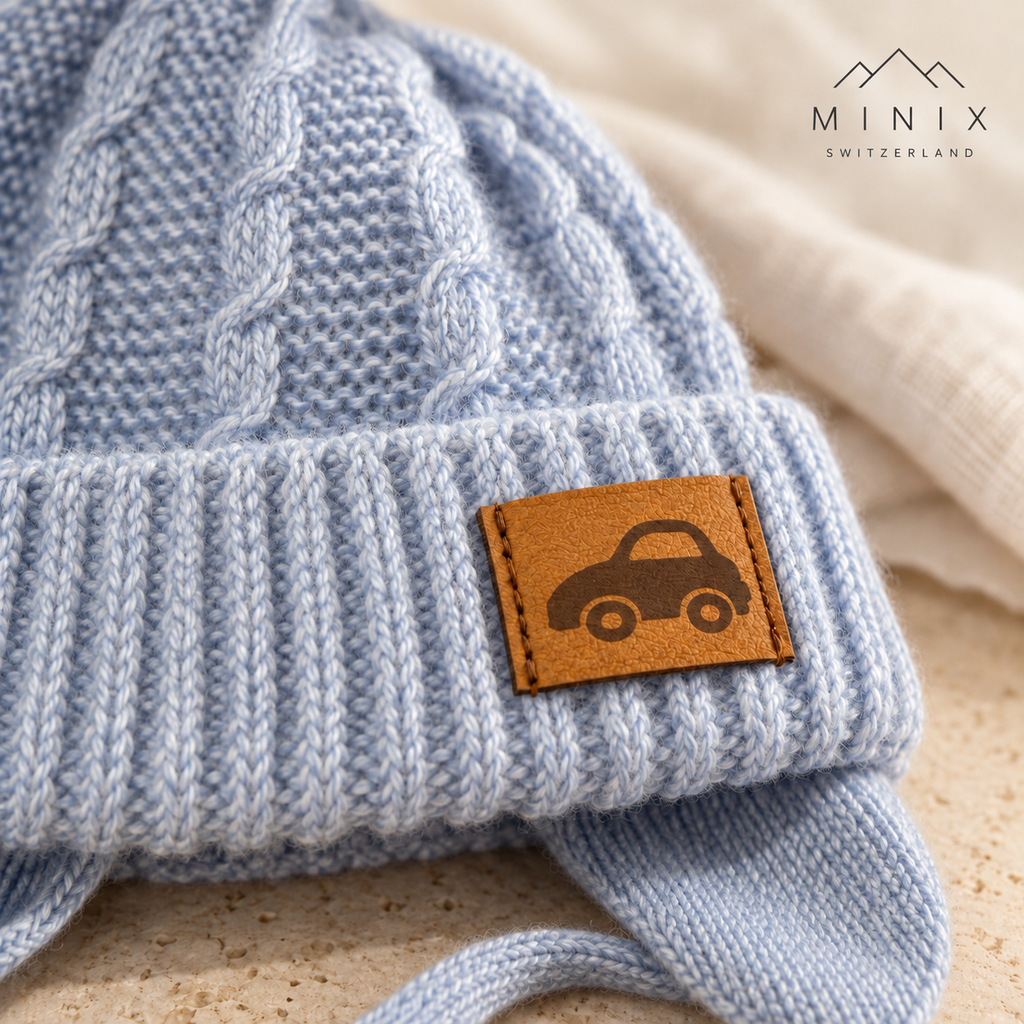 Close-up of the car leather-look patch on the light blue ribbed knit cuff