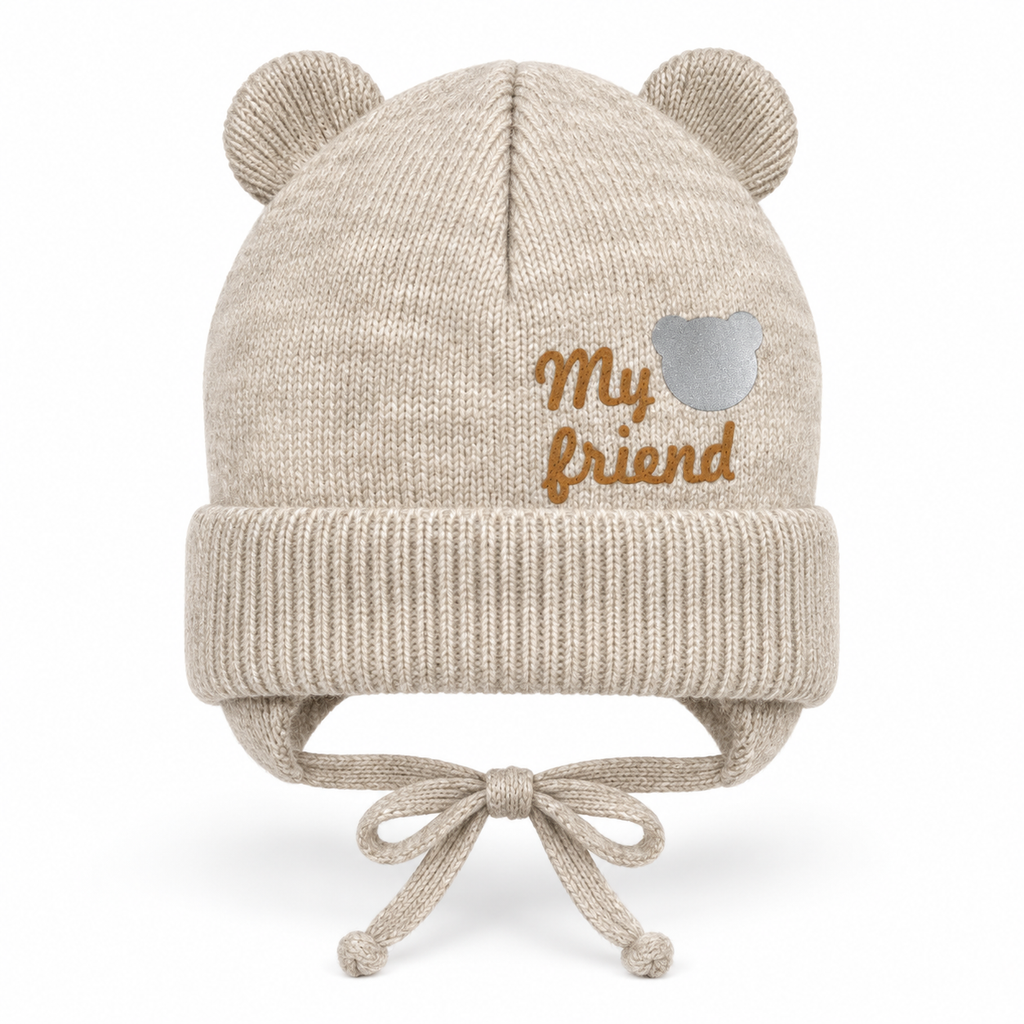 Beige knitted baby cap with bear ears, "My friend" lettering and ribbed cuff – front view