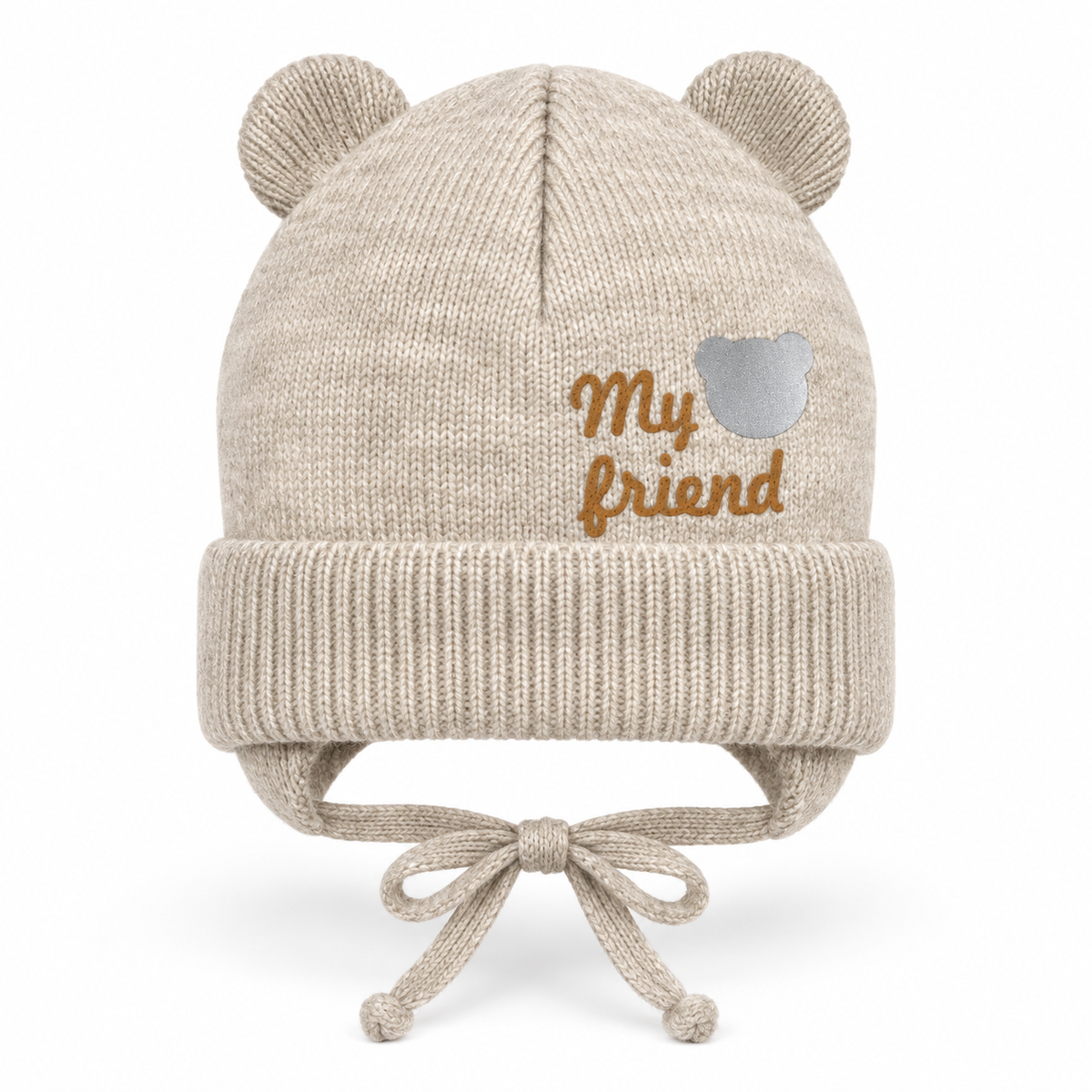 Beige knitted baby cap with bear ears, "My friend" lettering and ribbed cuff – front view