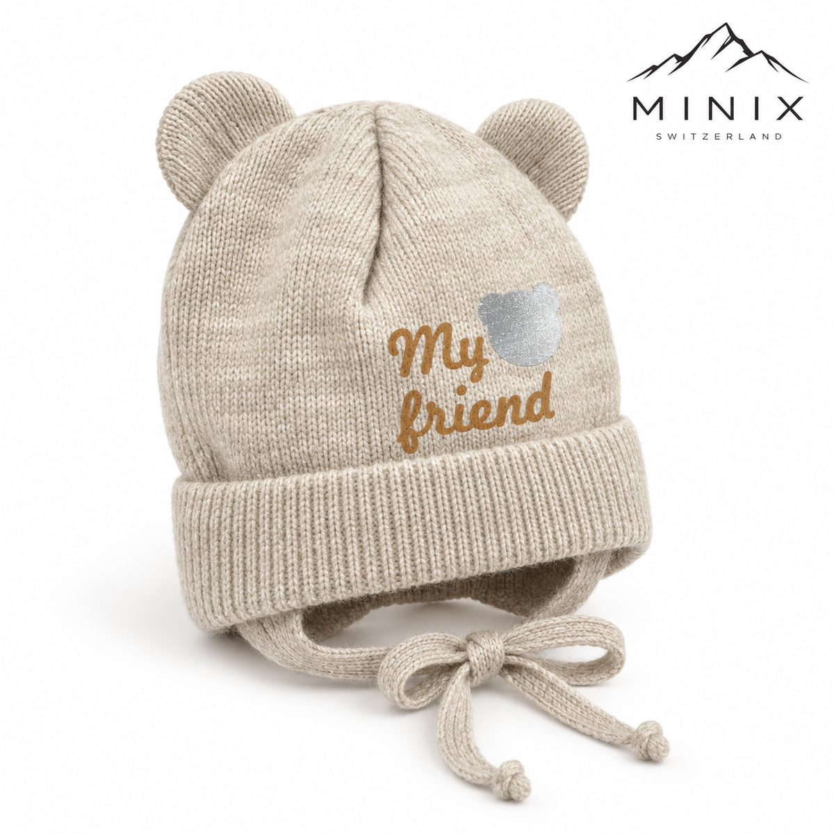 Beige knitted baby cap with bear ears, ear flaps and tie strings – angled view