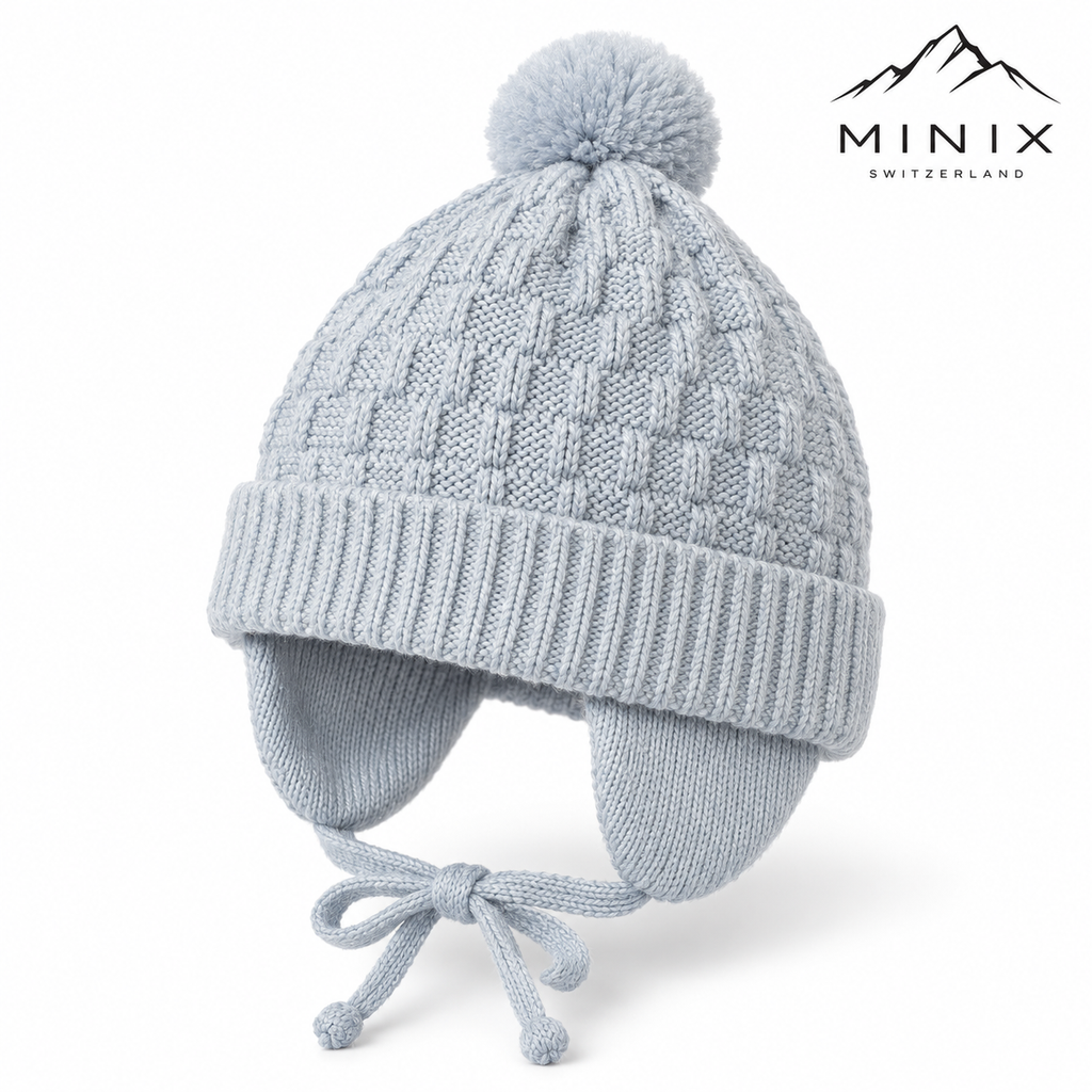 Light blue basketweave knit baby boy cap with pompom and bow ties – angled view