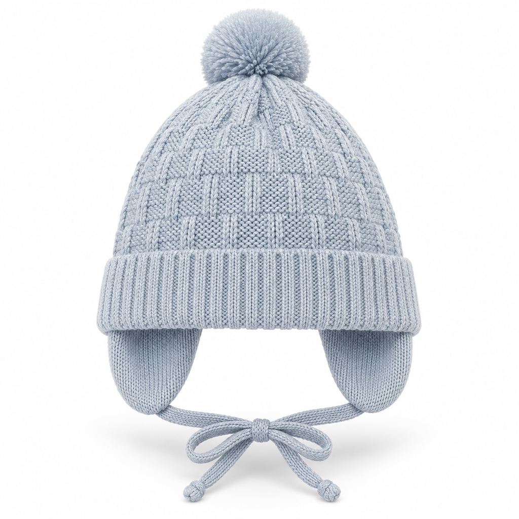 Light blue basketweave knit baby boy cap with pompom, ribbed cuff, ear flaps and tie strings – front view