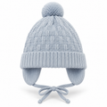 Light blue basketweave knit baby boy cap with pompom, ribbed cuff, ear flaps and tie strings – front view