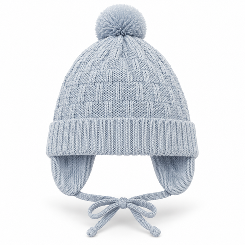 Light blue basketweave knit baby boy cap with pompom, ribbed cuff, ear flaps and tie strings – front view