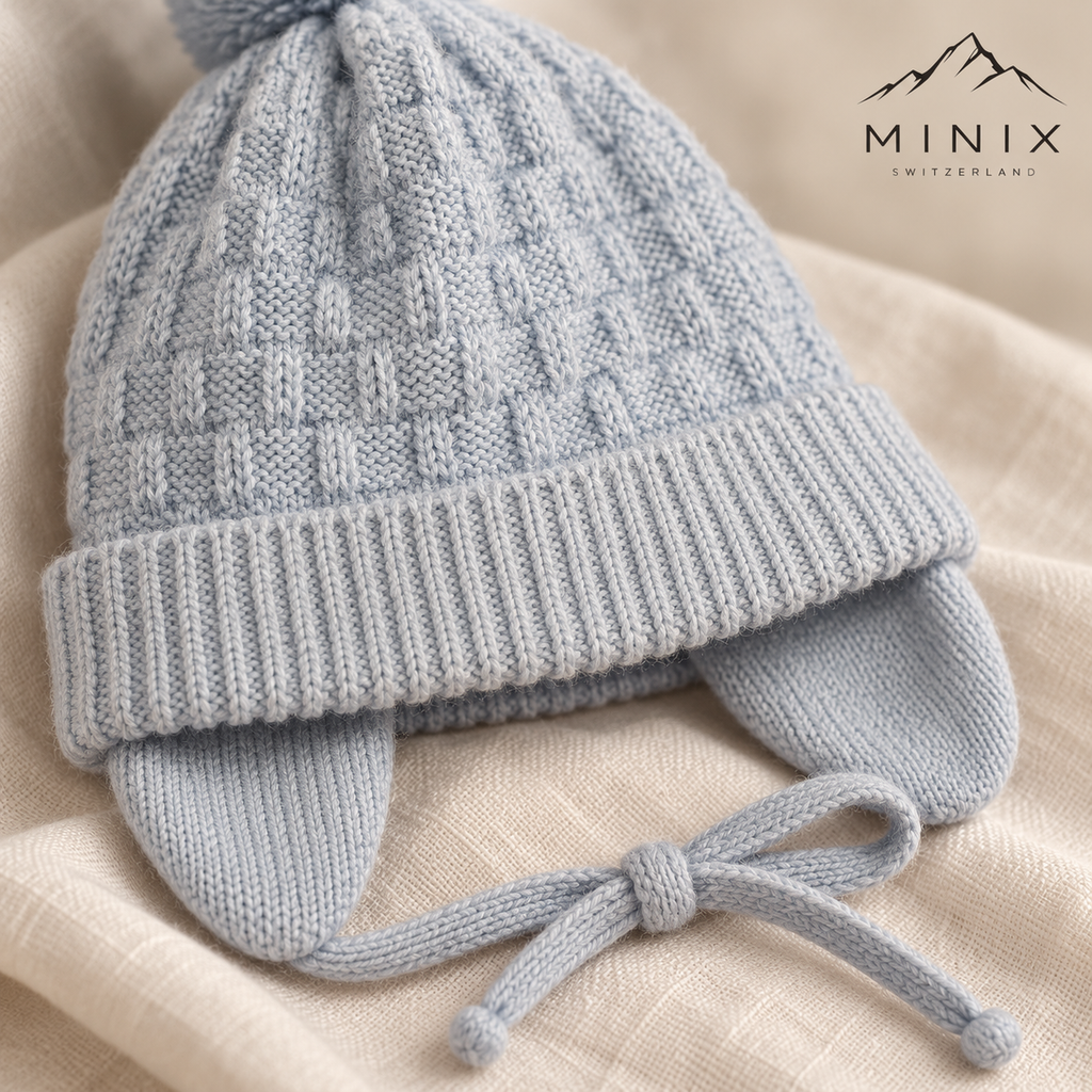Light blue knitted baby cap – close-up of the basketweave knit, ribbed cuff and ear flaps