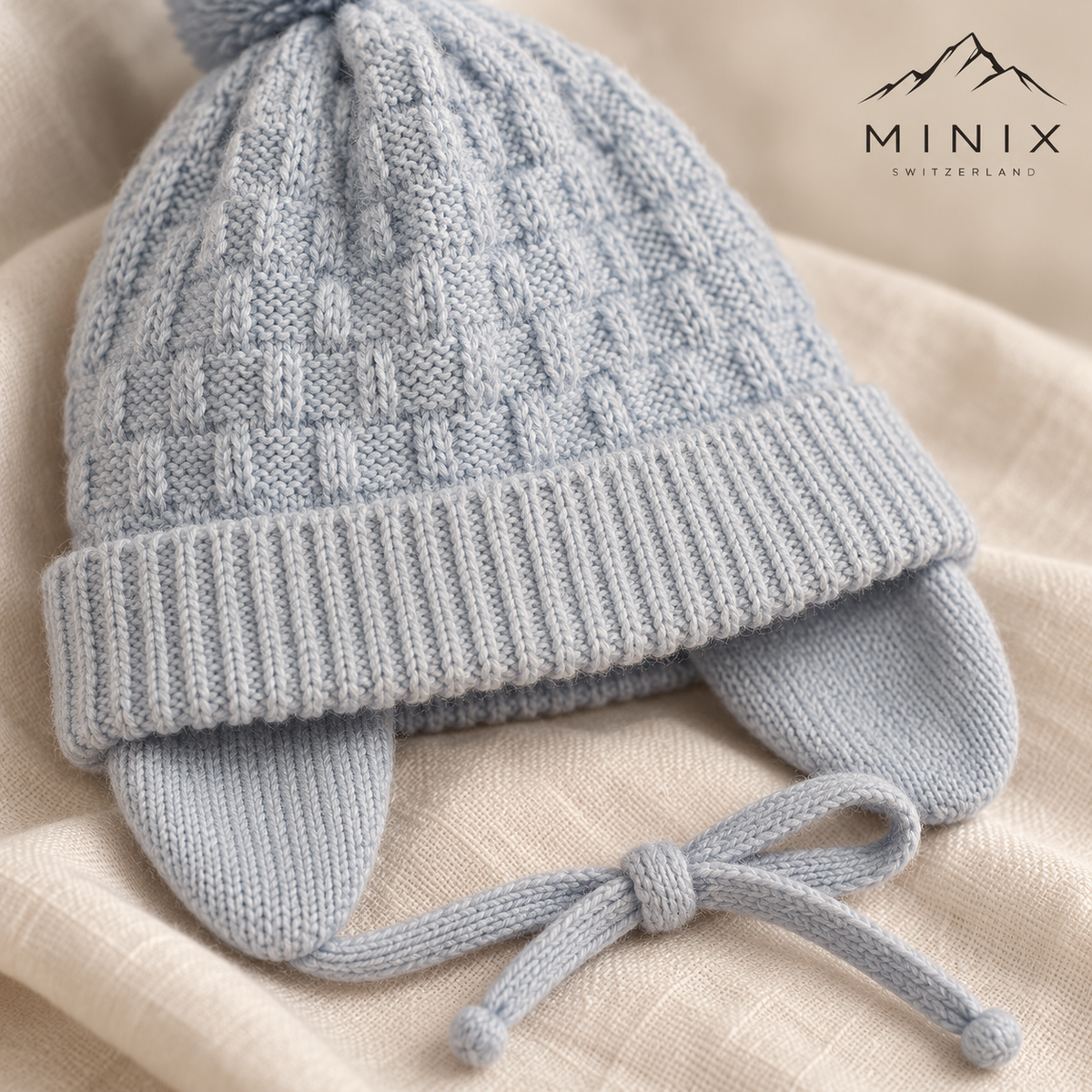 Light blue knitted baby cap – close-up of the basketweave knit, ribbed cuff and ear flaps