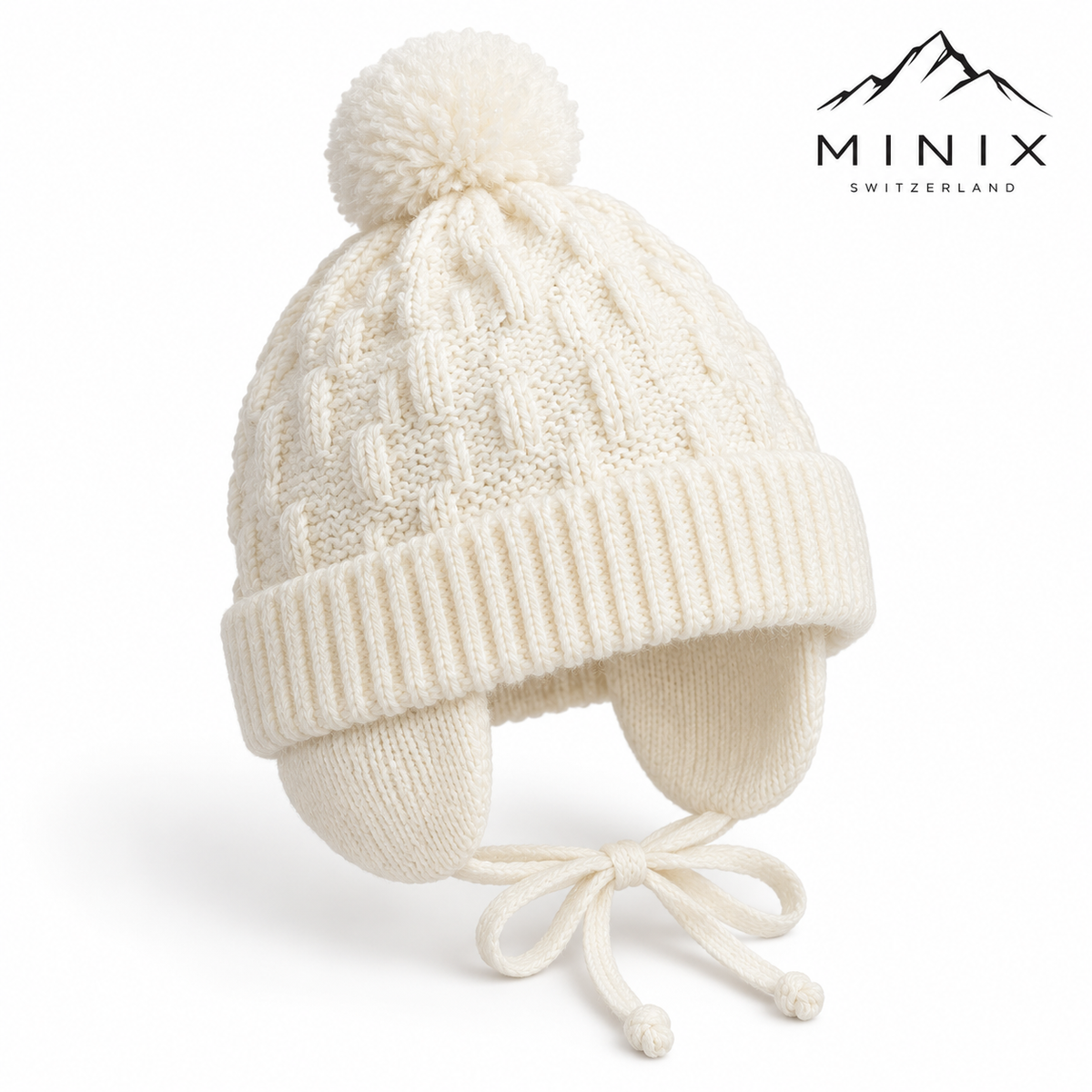 Cream basketweave knit baby cap with pompom and bow ties – angled view