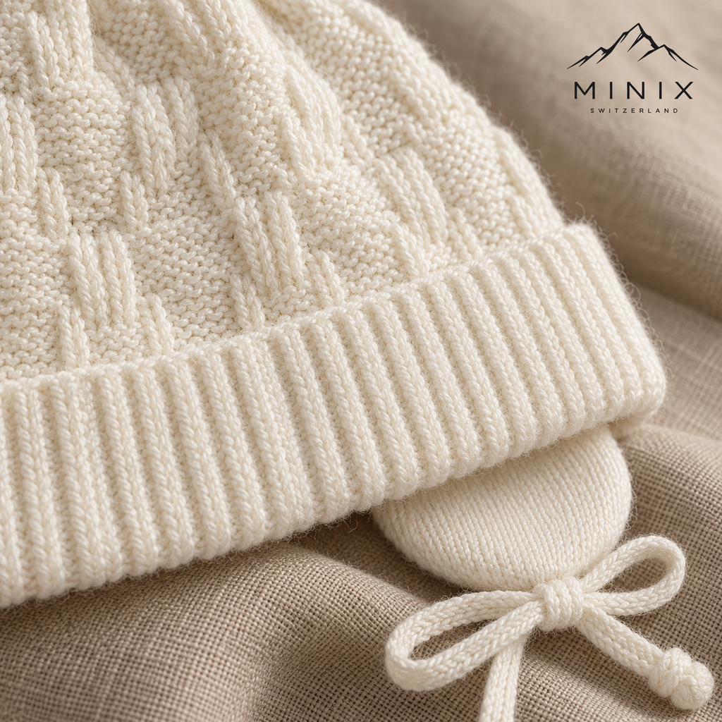 Cream knitted baby cap – close-up of the basketweave knit, ribbed cuff and ear flap