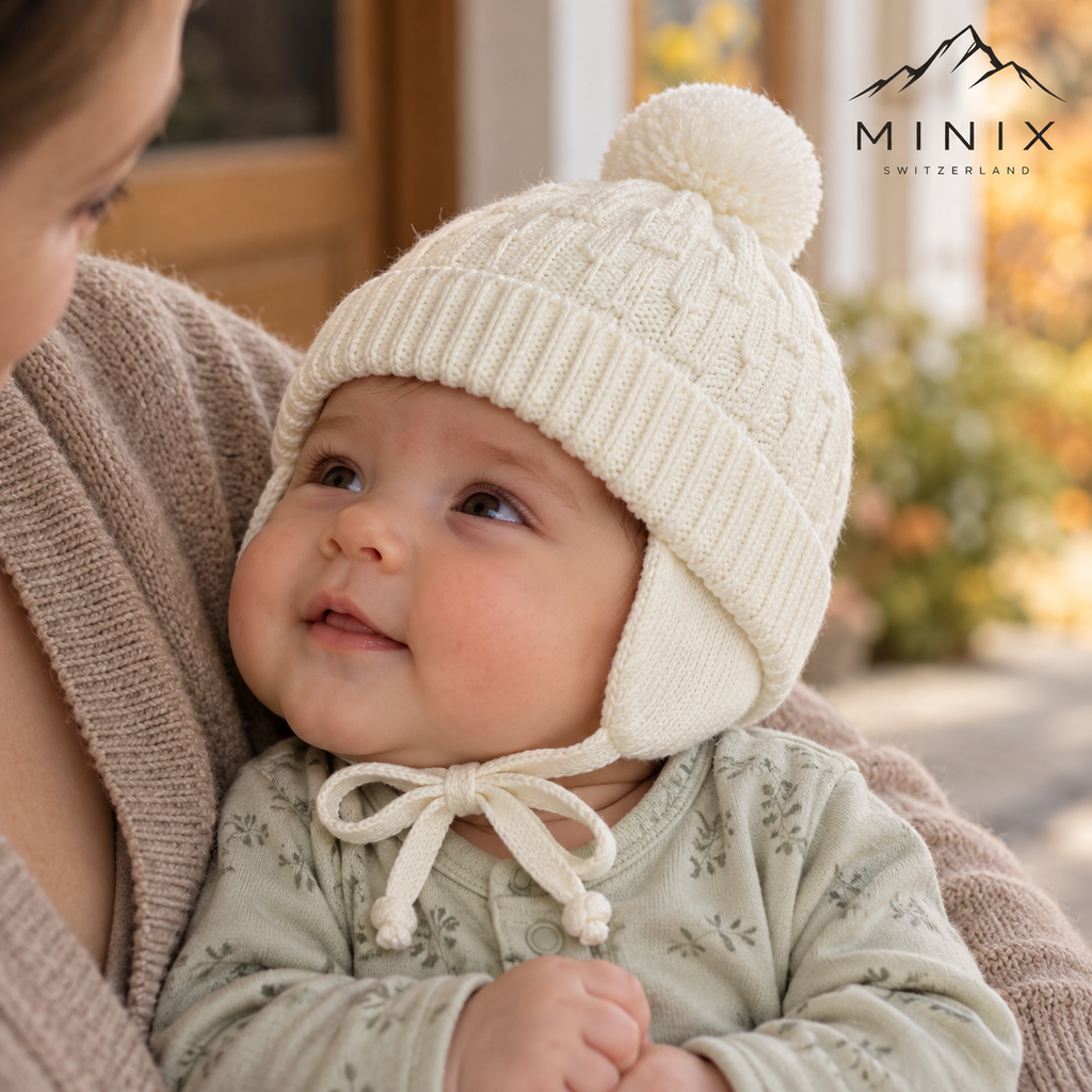 Baby in a parent's arms wearing the cream MINIX knitted pompom cap