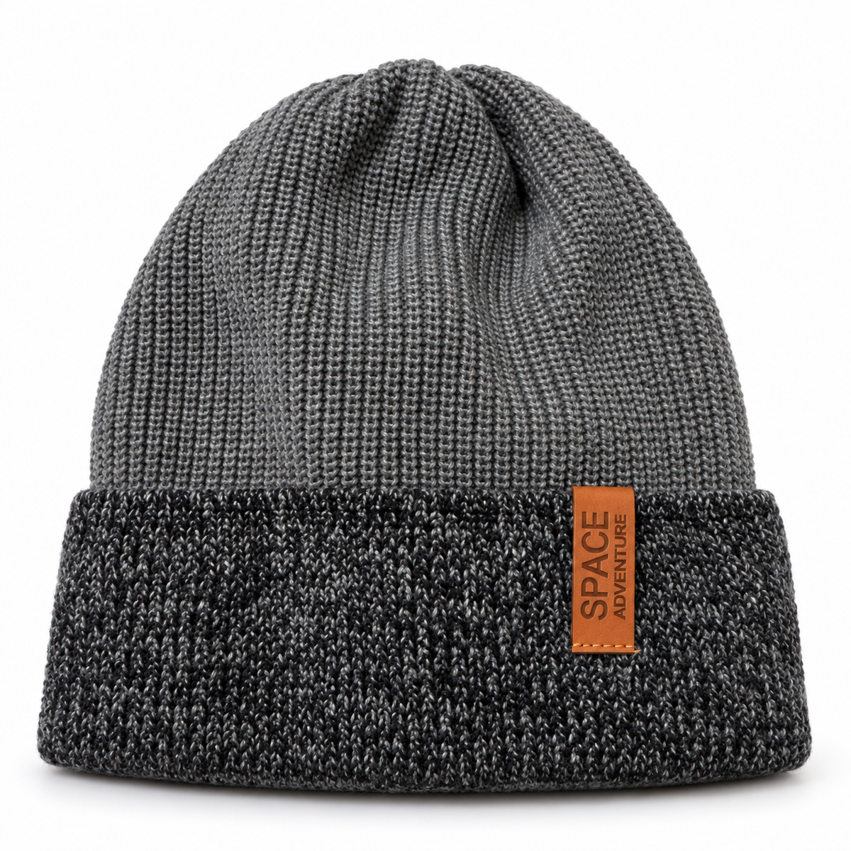 Grey knitted kids beanie with charcoal mélange turn-up cuff and Space Adventure tag – front view
