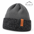 Grey knitted kids beanie with charcoal mélange cuff – angled view