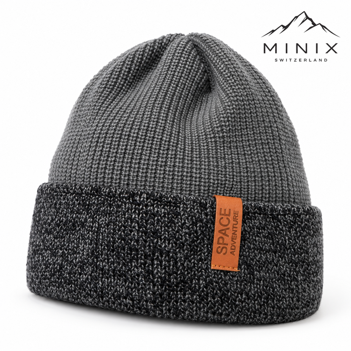 Grey knitted kids beanie with charcoal mélange cuff – angled view