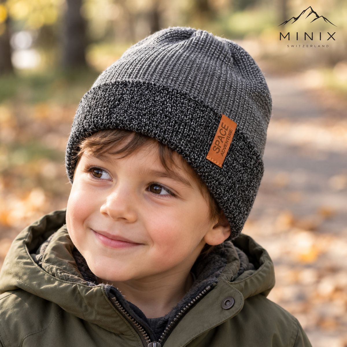 Smiling boy outdoors in autumn wearing the grey MINIX Space Adventure knitted beanie