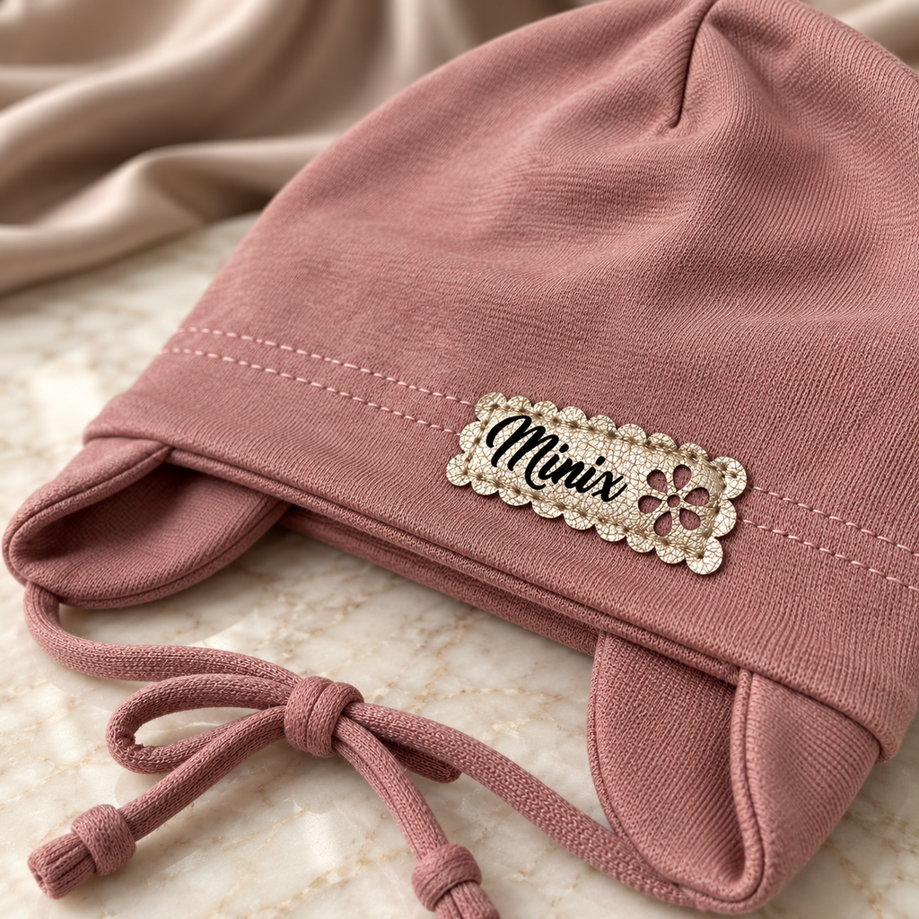 Close-up of the gold scalloped MINIX label with flower on a dusty rose kids cotton cap
