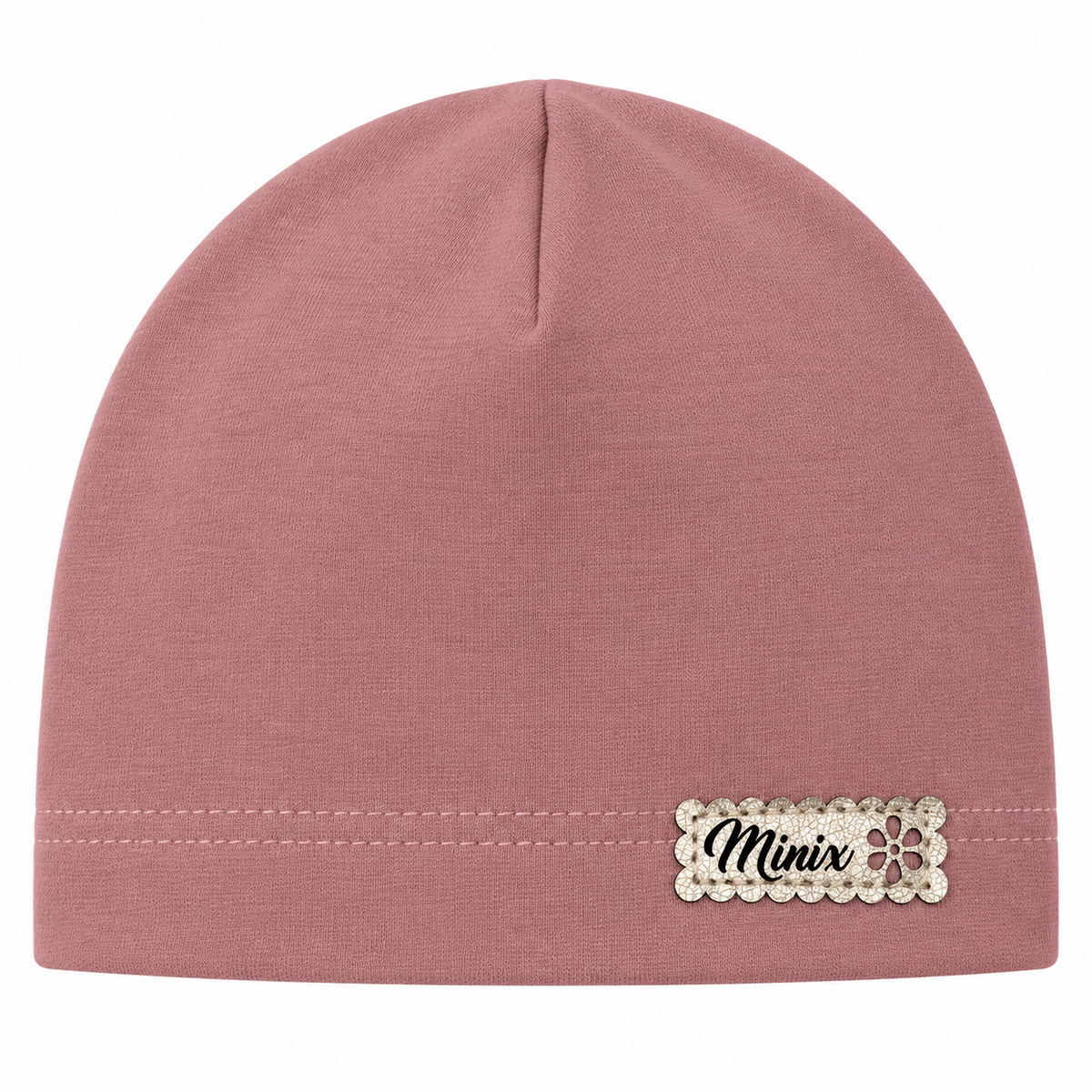 Dusty rose girls cotton beanie with gold scalloped MINIX label – front view