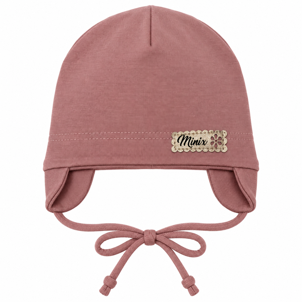 Dusty rose girls cotton cap with ear flaps, tie strings and gold MINIX label – front view