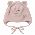 Dusty pink knitted baby girl cap with sparkly round ears, little m patch on the cuff and tie strings – front view