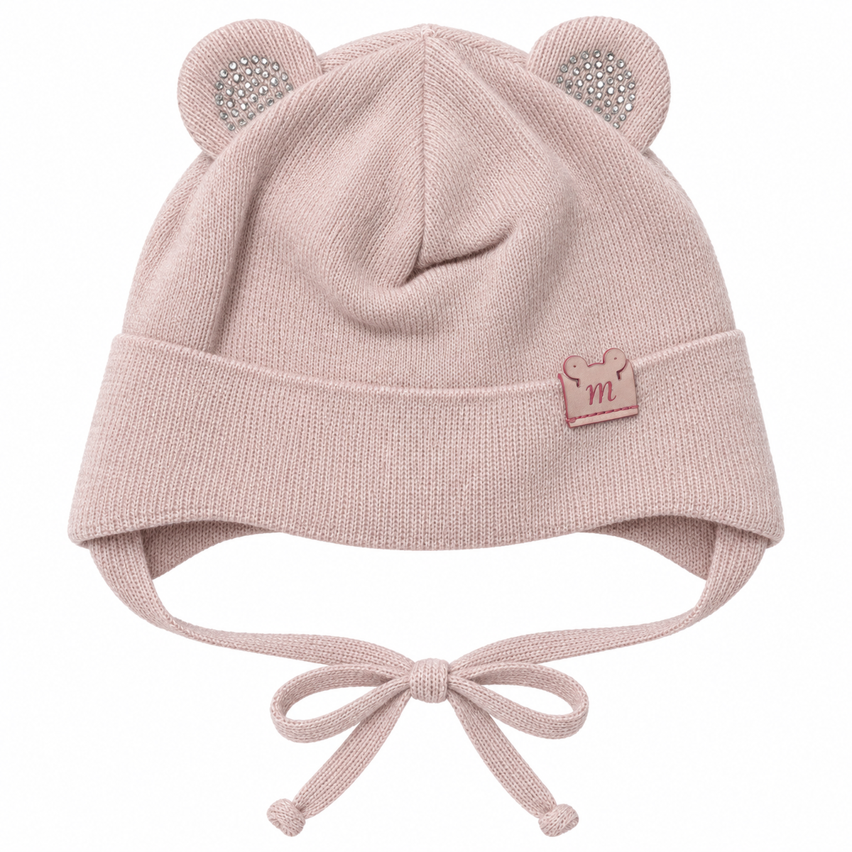Dusty pink knitted baby girl cap with sparkly round ears, little m patch on the cuff and tie strings – front view