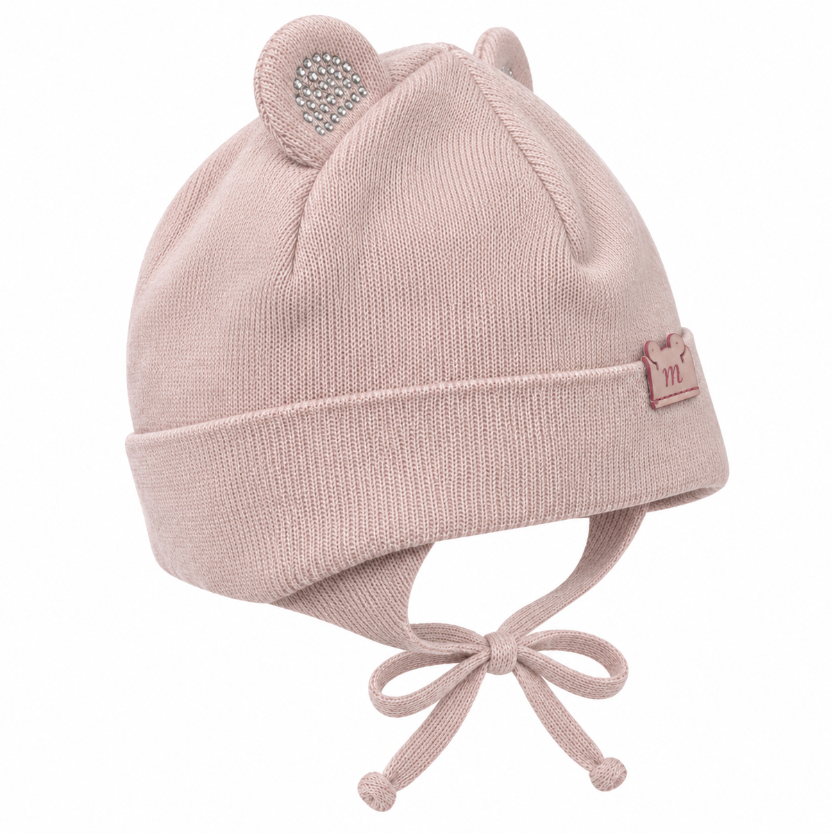 Dusty pink knitted baby girl cap with sparkle ears and tie strings – side view