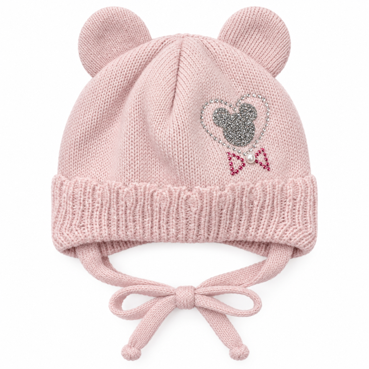Dusty pink knitted baby girl cap with round ears, rhinestone heart, pearl bow and tie strings – front view