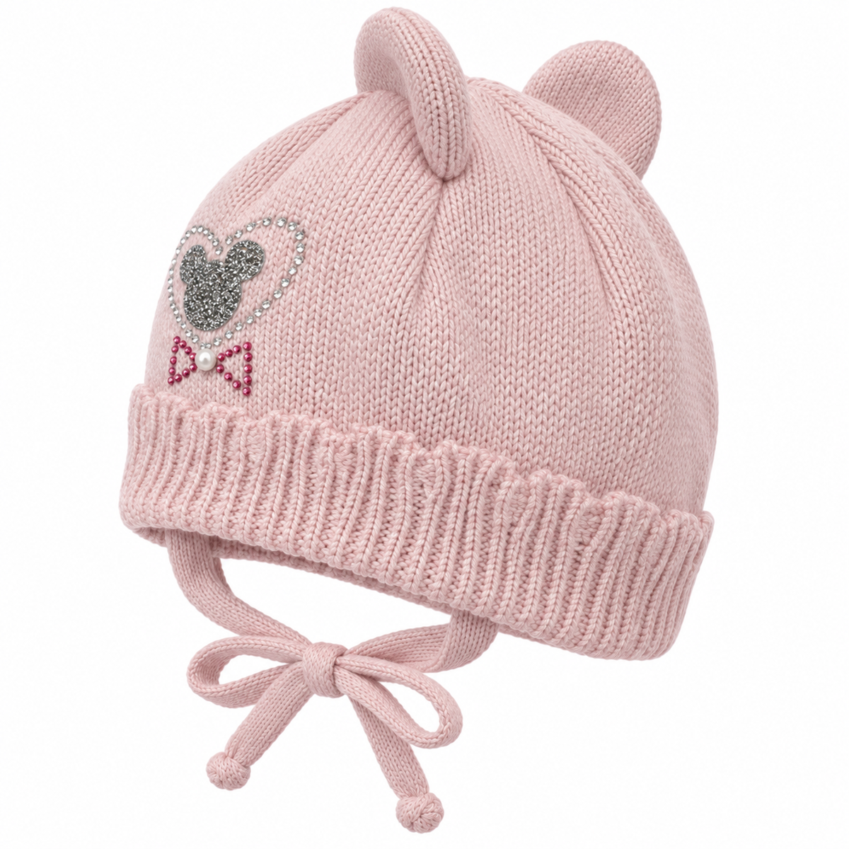 Dusty pink knitted baby girl cap with ears, ribbed cuff and tie strings – angled view