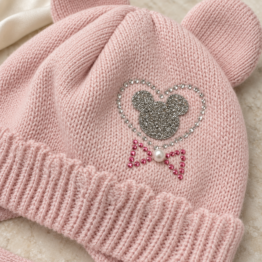 Close-up of the rhinestone heart, pink rhinestone bow and pearl on the dusty pink knitted cap