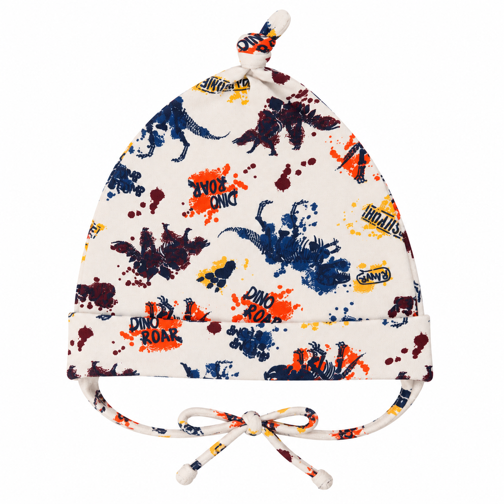 Boys white cotton knot cap with Dino Roar dinosaur print – flat lay product shot by MINIX Switzerland