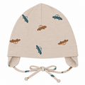 Boys beige cotton cap with car print and ear covers – flat lay product shot by MINIX Switzerland