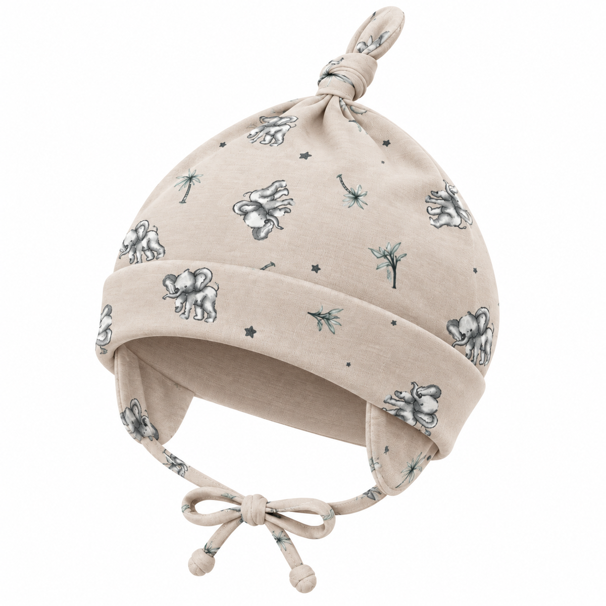 Beige boys cotton knot cap with elephant pattern – angled product shot by MINIX Switzerland