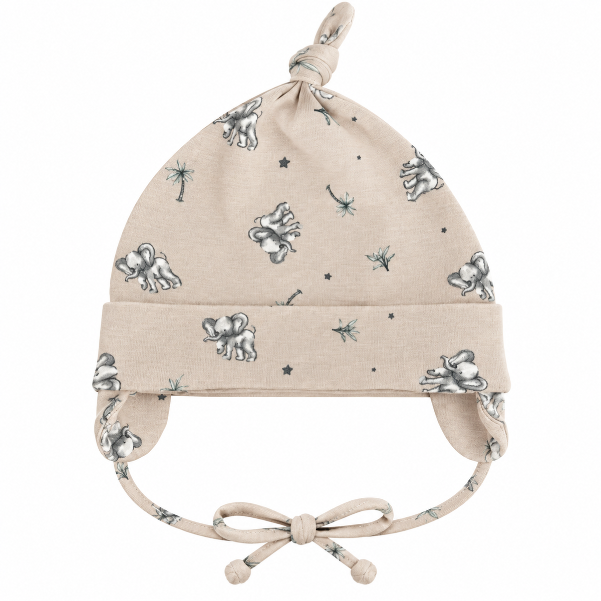 Boys cotton cap with knotted top and elephant star print in beige – flat lay product shot