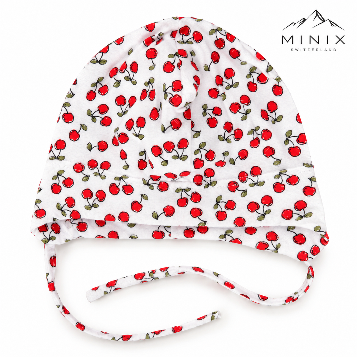Baby bonnet cap with cherry pattern and tie strings – white, product shot
