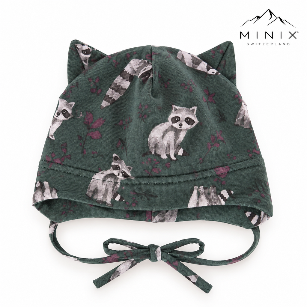 Boys cotton cap with cat ears and raccoon print in dark green – product shot by MINIX Switzerland