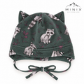 Boys cotton cap with cat ears and raccoon print in dark green – product shot by MINIX Switzerland