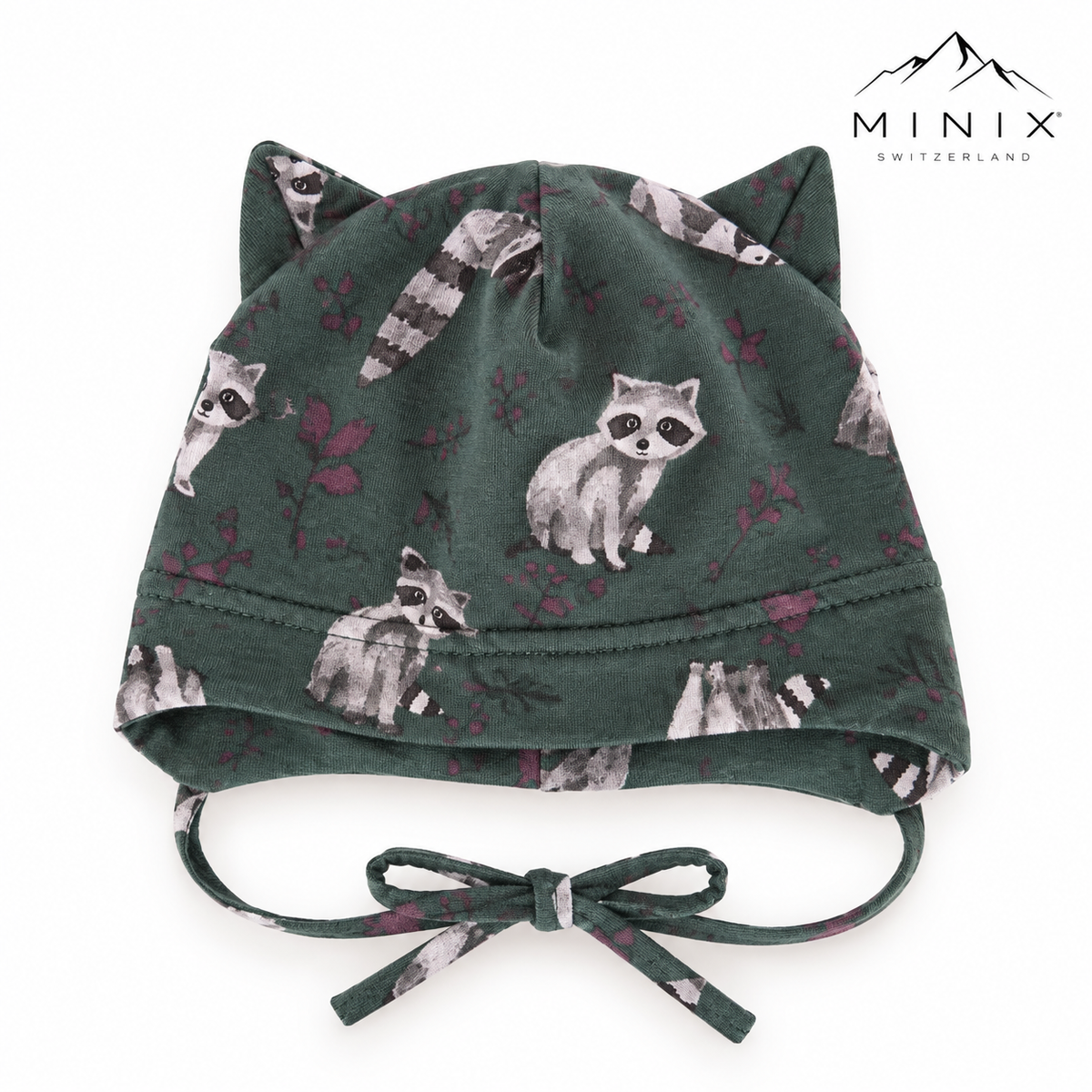 Boys cotton cap with cat ears and raccoon print in dark green – product shot by MINIX Switzerland